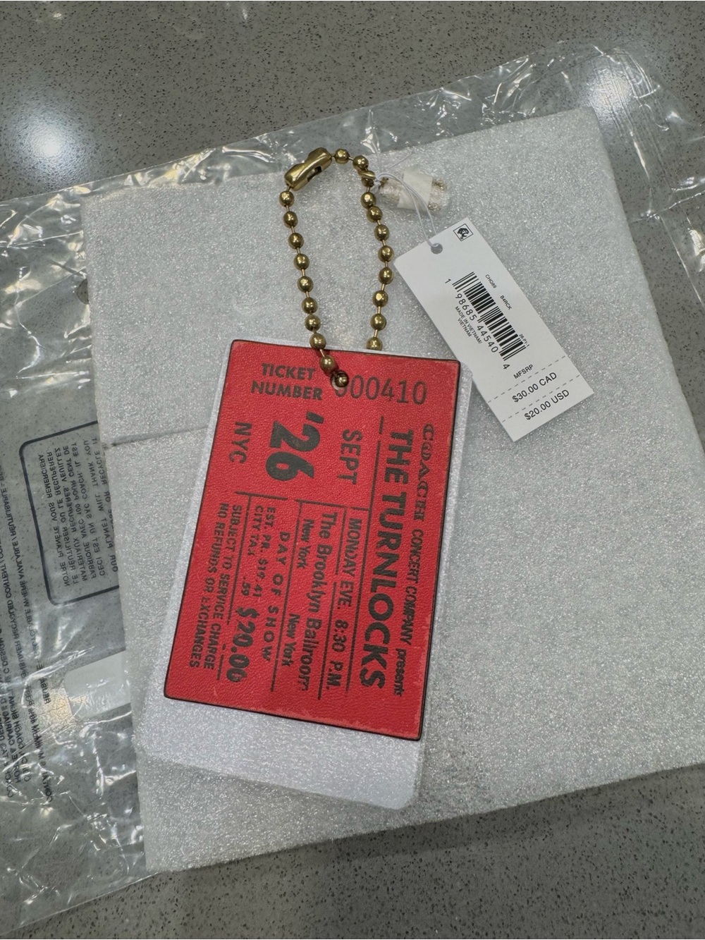 Coach Red Ticket Tag Bag Charm with Gold Ball Chain
